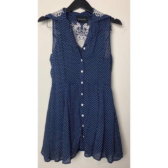 MINKPINK Dresses & Skirts - MINKPINK Blue Polka Dot Crochet Button Up Dress